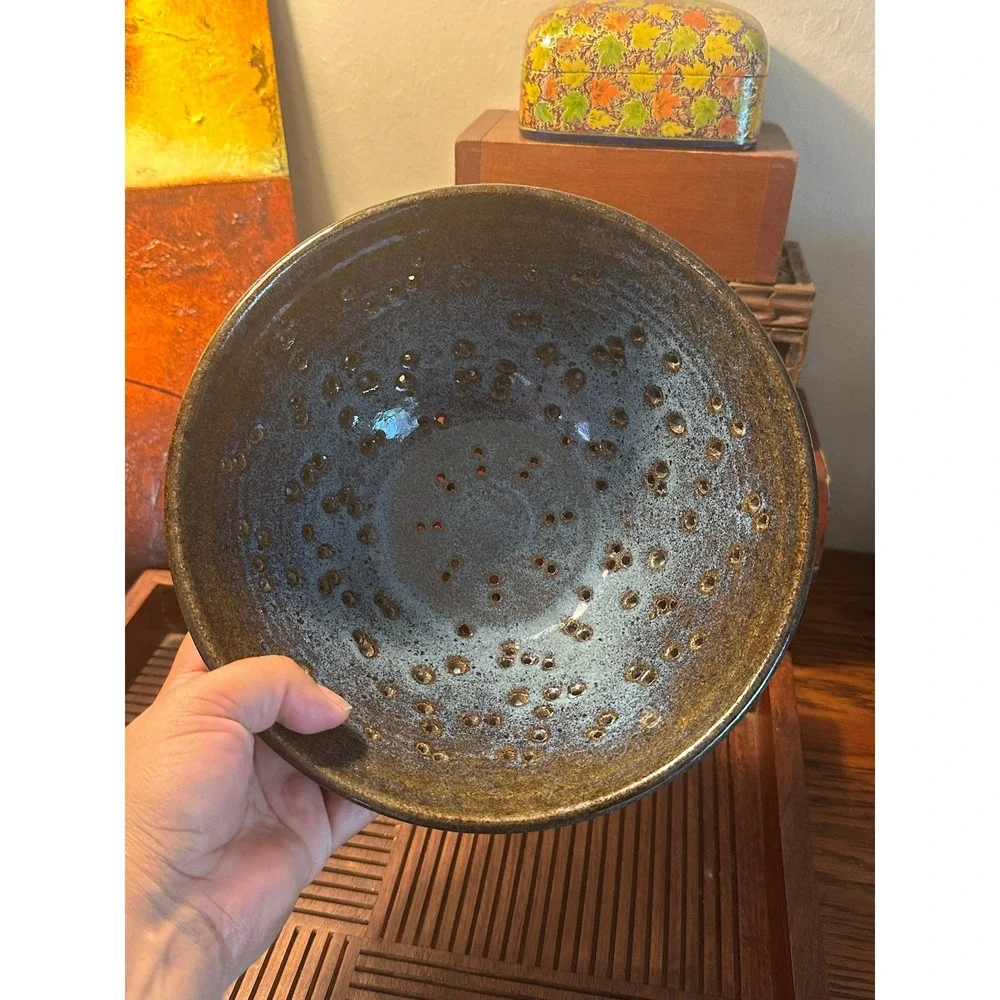 Artist Signed Studio Pottery Berry Bowl Colander Blue Bronze Speckled Stoneware